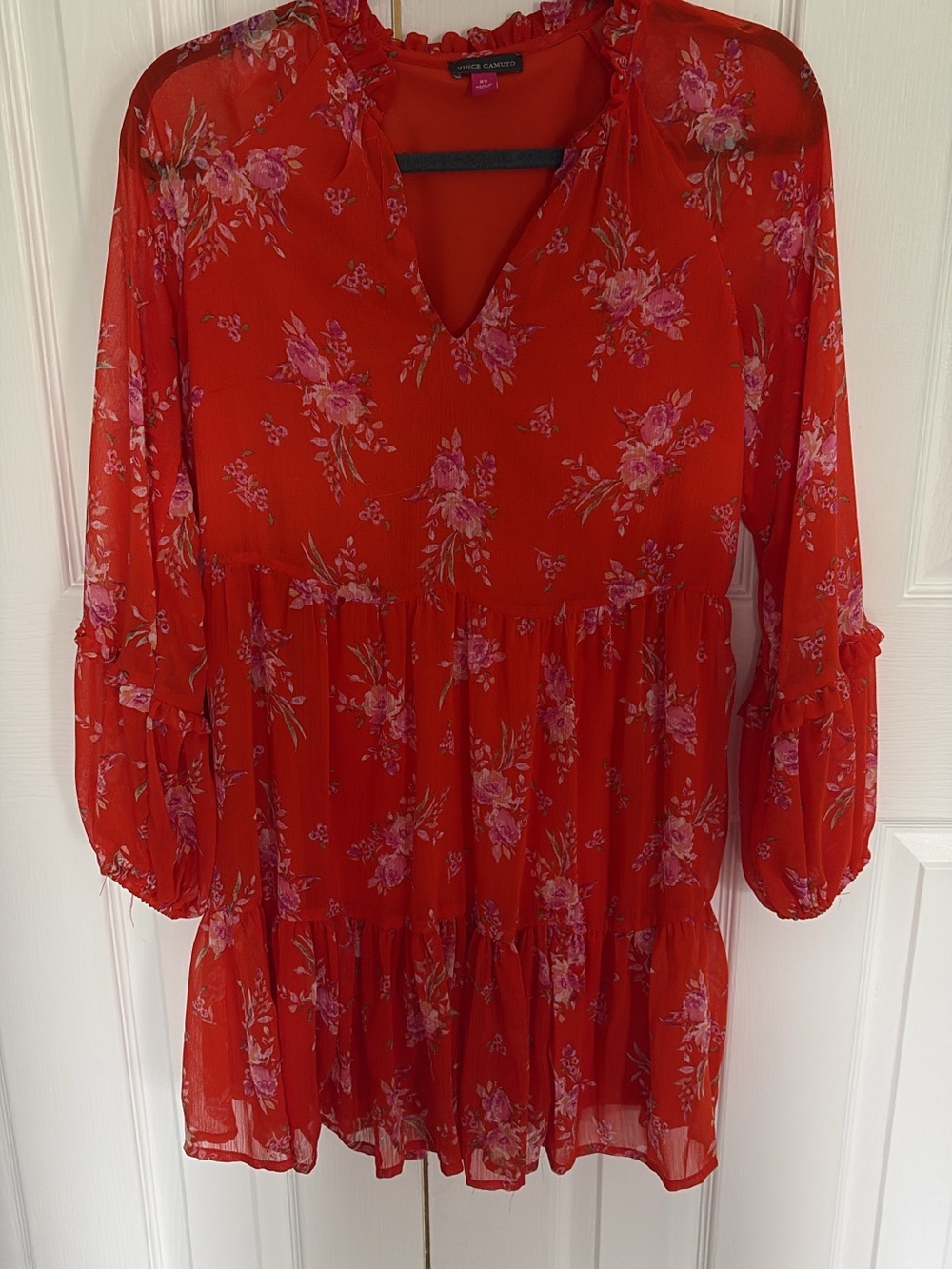 Vince Camuto Orange Floral Tiered V-Neck Dress
